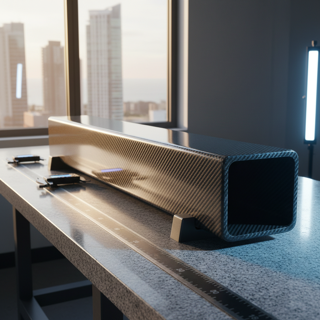 A detailed photographic shot of a finished carbon fibre structural beam designed for architectural and marine applications, resting on a precision measurement bench with laser-etched metallic rulers and digital gauges nearby. The beam’s surface has a smooth, glossy clear coat that reveals the subtle twill weave beneath, with reflections of a Gold Coast skyline faintly mirrored along its length through a nearby window. Soft afternoon light combines with cool studio fill lighting, creating refined highlights on the edges and gentle shadows under the beam. Captured from a low, three-quarter angle, the composition emphasizes the beam’s length, geometric accuracy, and lightweight strength. The mood is refined and professional, showcasing engineering excellence and the premium aesthetic of advanced carbon fibre solutions.