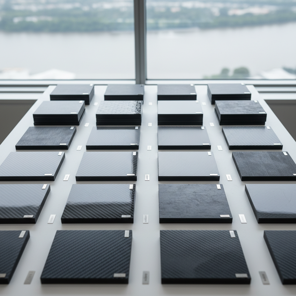 A refined photographic scene of multiple carbon fibre sample plates arranged in a precise grid on a matte white inspection table, each with different weave patterns, thicknesses, and finishes. Tiny metallic tags without visible text subtly differentiate the samples, suggesting organized material characterization without using readable labels. The background shows a blurred glimpse of the Brisbane River through a large window, grounding the setting in southeast Queensland. Cool, diffused daylight from the window combines with soft studio fill to create delicate highlights across the samples, revealing variations in texture from glossy clear-coated to raw, matte finishes. Captured from a top-down, bird’s eye perspective with sharp focus throughout, the composition feels methodical and elegant, communicating material expertise, customization options, and a highly controlled quality process.